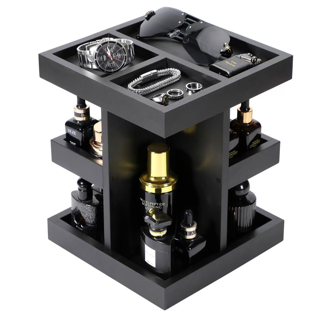 TeSabMi 3 Tier Rotating Cologne Organizer for Men, Black Wood Perfume Display Stand, Dresser and Nightstand Organizer, Fathers Day Gift for Dad
