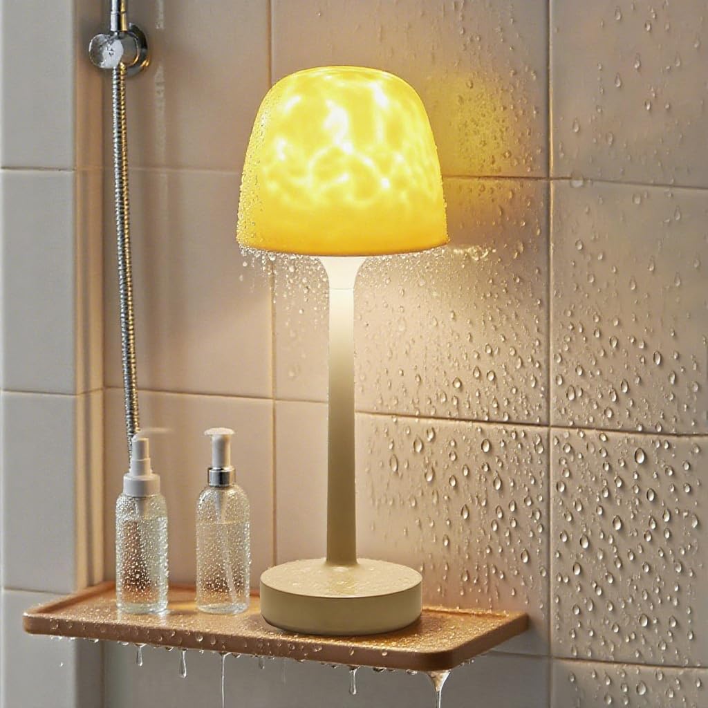 TeSabMi Waterproof Shower Light, 16-Color Ocean Wave Projector, Rechargeable Cordless Bathroom Lamp with Touch and Remote Control, Beige