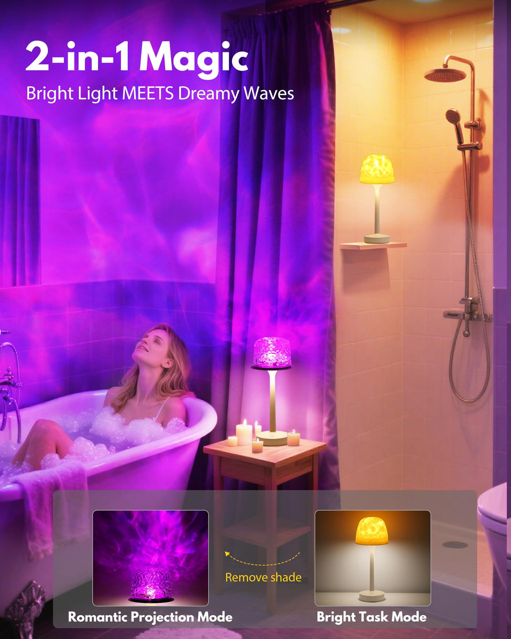 TeSabMi Waterproof Shower Light, 16-Color Ocean Wave Projector, Rechargeable Cordless Bathroom Lamp with Touch and Remote Control, Beige