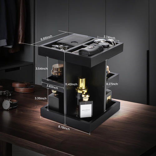 TeSabMi 3 Tier Rotating Cologne Organizer for Men, Black Wood Perfume Display Stand, Dresser and Nightstand Organizer, Fathers Day Gift for Dad