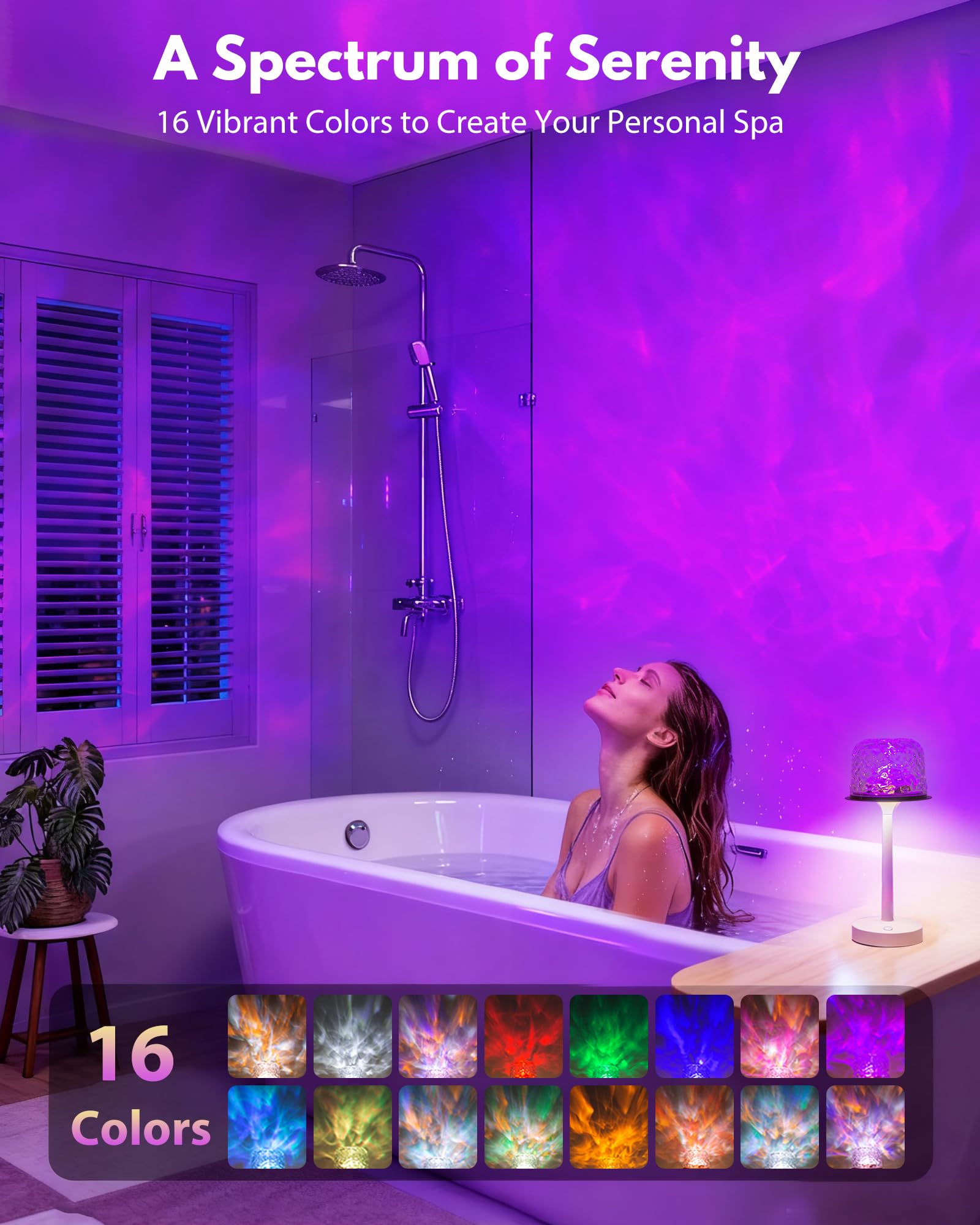 TeSabMi Waterproof Shower Light, 16-Color Ocean Wave Projector, Rechargeable Cordless Bathroom Lamp with Touch and Remote Control, Beige