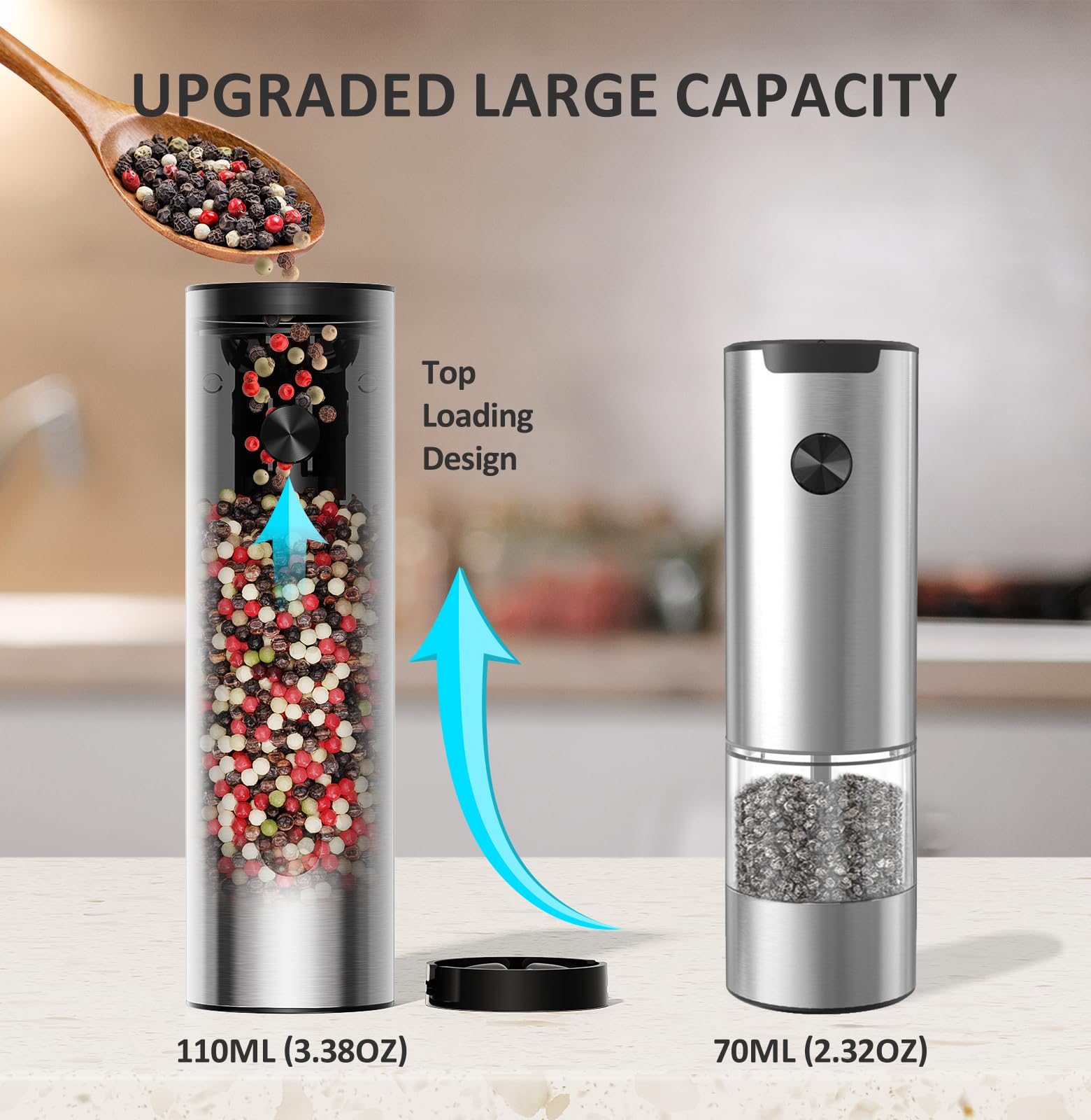 TeSabMi Electric Salt and Pepper Grinder Set, Rechargeable USB-C Charging Base, LED Light, Silver