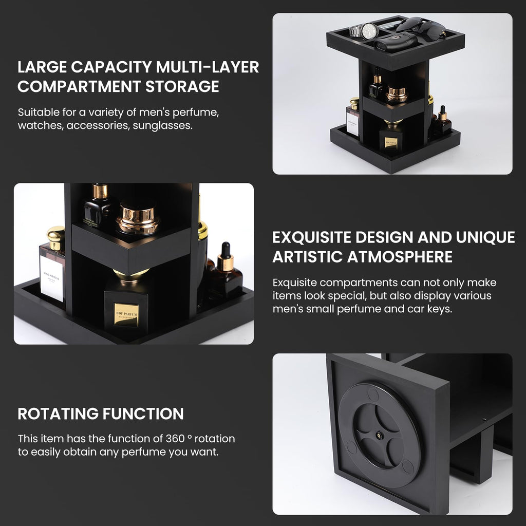 TeSabMi 3 Tier Rotating Cologne Organizer for Men, Black Wood Perfume Display Stand, Dresser and Nightstand Organizer, Fathers Day Gift for Dad