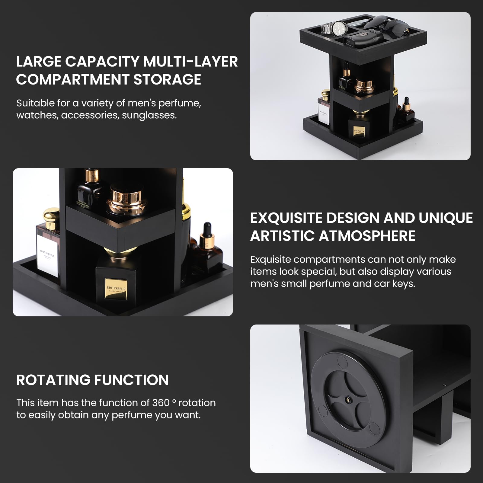 TeSabMi 3 Tier Rotating Cologne Organizer for Men, Black Wood Perfume Display Stand, Dresser and Nightstand Organizer, Fathers Day Gift for Dad