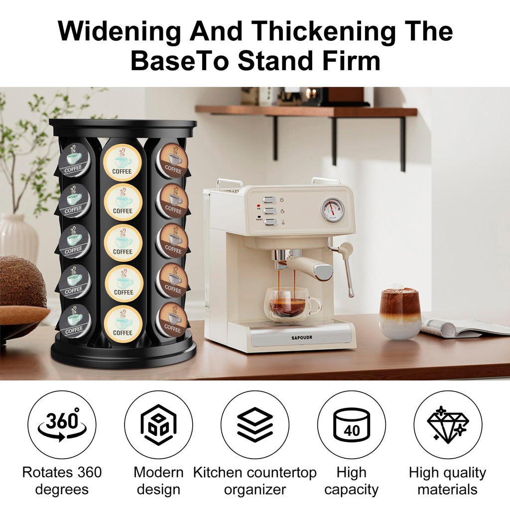TeSabMi K-Cup Pod Carousel Holder, 40-Count Rotating Coffee Pod Organizer, Black Countertop Storage Stand