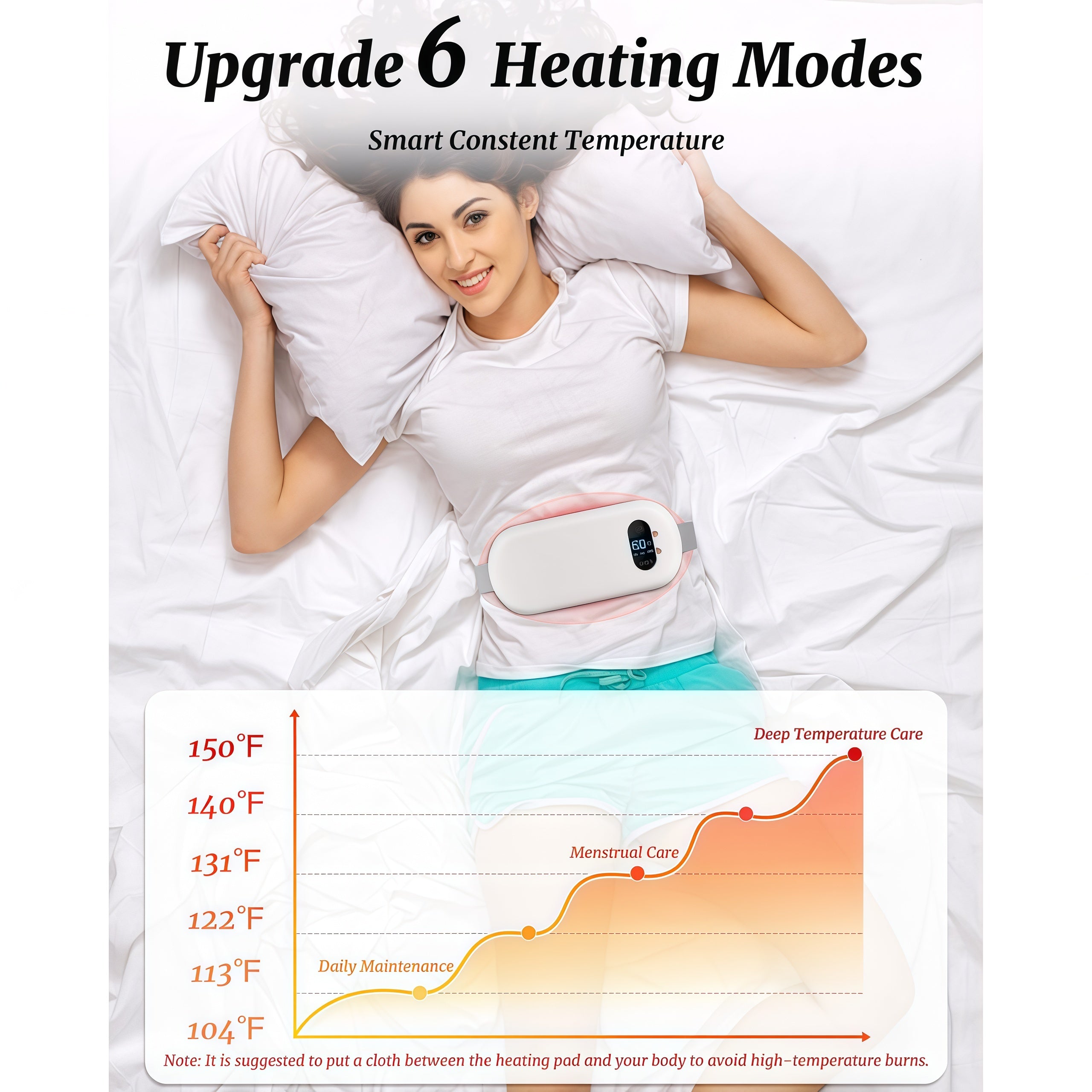 TeSabMi Cordless Heating Pad for Period Cramps, Portable Menstrual Heating Belt with 6 Heat Levels, 6 Vibration Modes, Gift for Women Her White