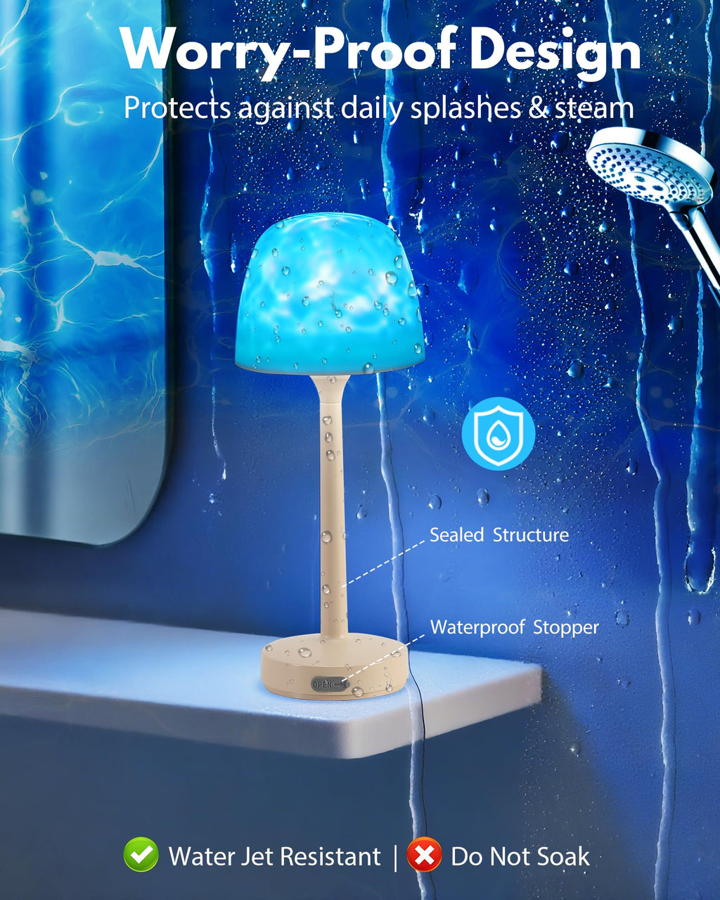 TeSabMi Waterproof Shower Light, 16-Color Ocean Wave Projector, Rechargeable Cordless Bathroom Lamp with Touch and Remote Control, Beige