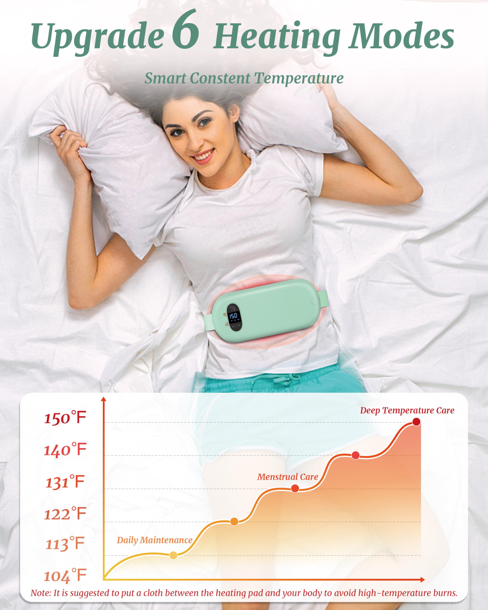 TeSabMi Cordless Heating Pad for Period Cramps, Portable Menstrual Heating Belt with 6 Heat Levels, 6 Vibration Modes, Gift for Women Her Green