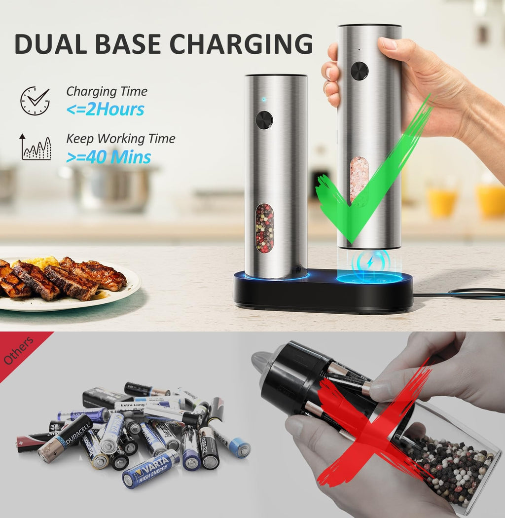 TeSabMi Electric Salt and Pepper Grinder Set, Rechargeable USB-C Charging Base, LED Light, Silver