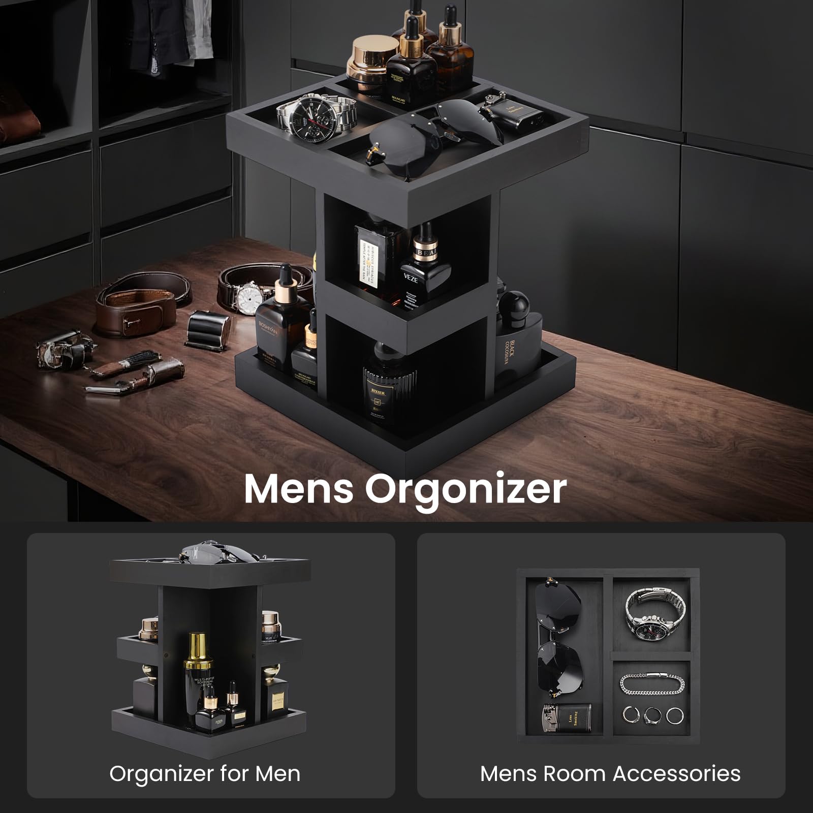 TeSabMi 3 Tier Rotating Cologne Organizer for Men, Black Wood Perfume Display Stand, Dresser and Nightstand Organizer, Fathers Day Gift for Dad