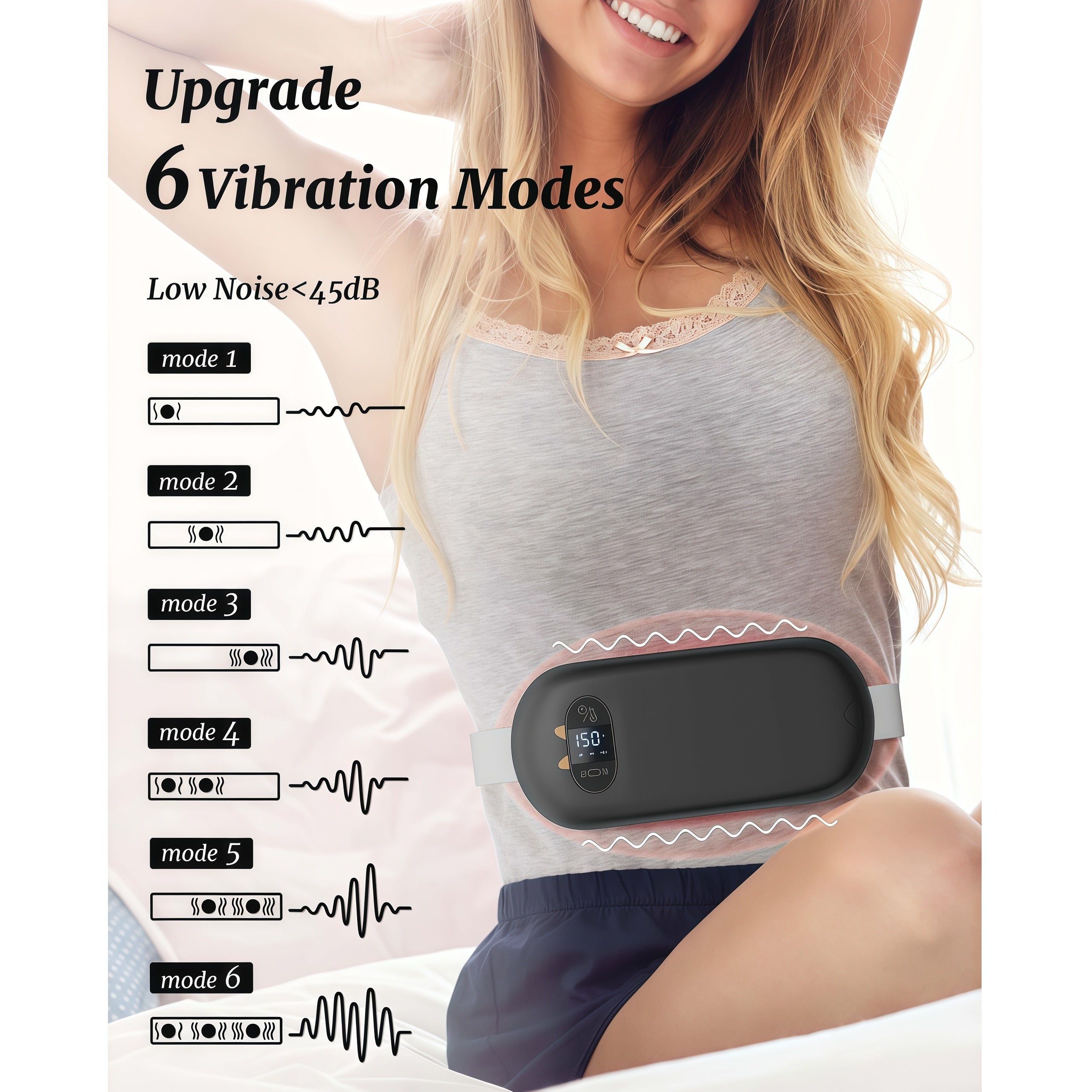 TeSabMi Cordless Heating Pad for Period Cramps, Portable Menstrual Heating Belt with 6 Heat Levels, 6 Vibration Modes, Gift for Women Her Black