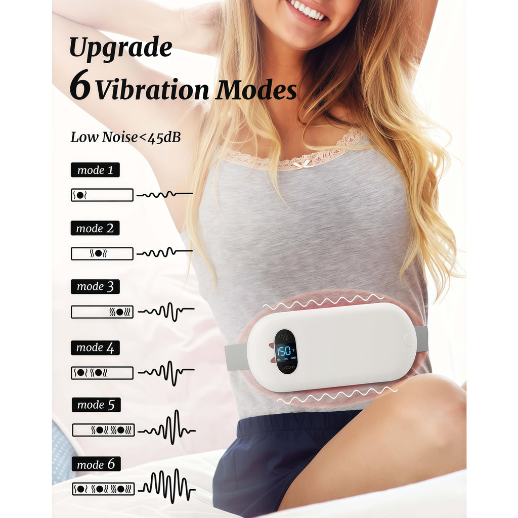 TeSabMi Cordless Heating Pad for Period Cramps, Portable Menstrual Heating Belt with 6 Heat Levels, 6 Vibration Modes, Gift for Women Her White