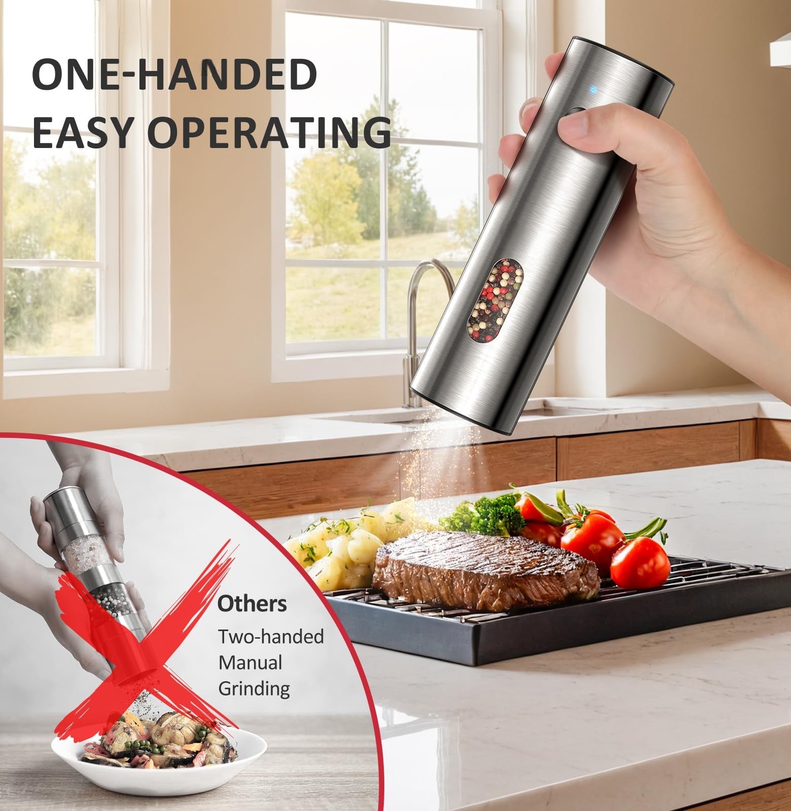 TeSabMi Electric Salt and Pepper Grinder Set, Rechargeable USB-C Charging Base, LED Light, Silver