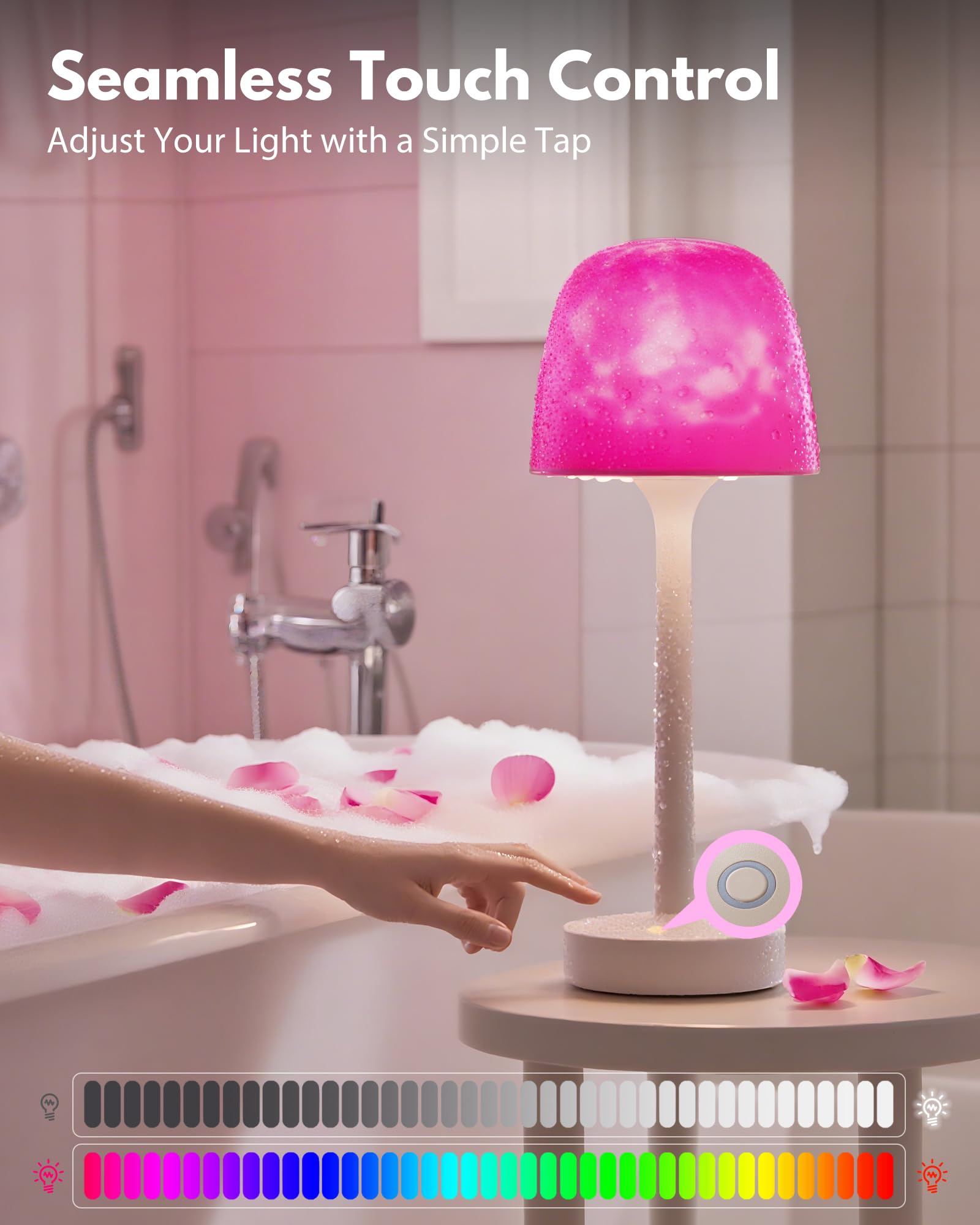 TeSabMi Waterproof Shower Light, 16-Color Ocean Wave Projector, Rechargeable Cordless Bathroom Lamp with Touch and Remote Control, Beige