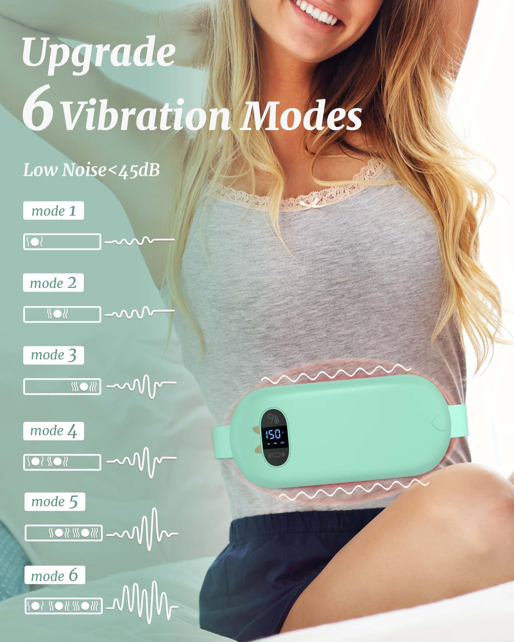 TeSabMi Cordless Heating Pad for Period Cramps, Portable Menstrual Heating Belt with 6 Heat Levels, 6 Vibration Modes, Gift for Women Her Green