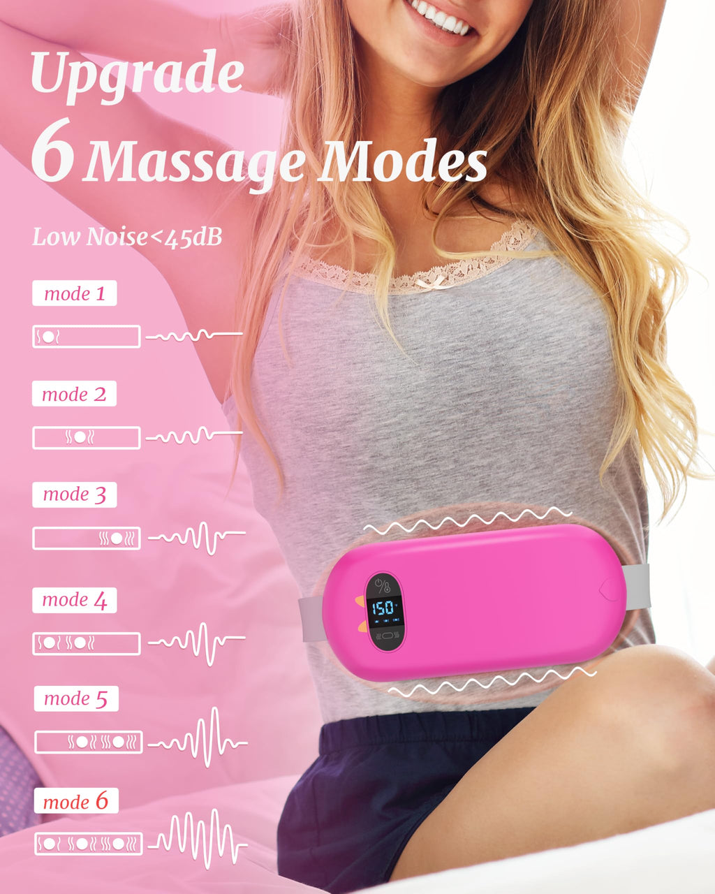 TeSabMi Cordless Heating Pad for Period Cramps, Portable Menstrual Heating Belt with 6 Heat Levels, 6 Vibration Modes, Gift for Women Her