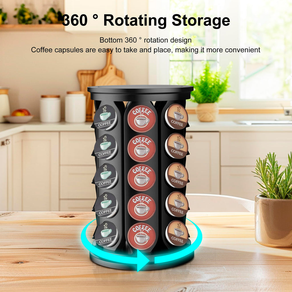 TeSabMi K-Cup Pod Carousel Holder, 40-Count Rotating Coffee Pod Organizer, Black Countertop Storage Stand