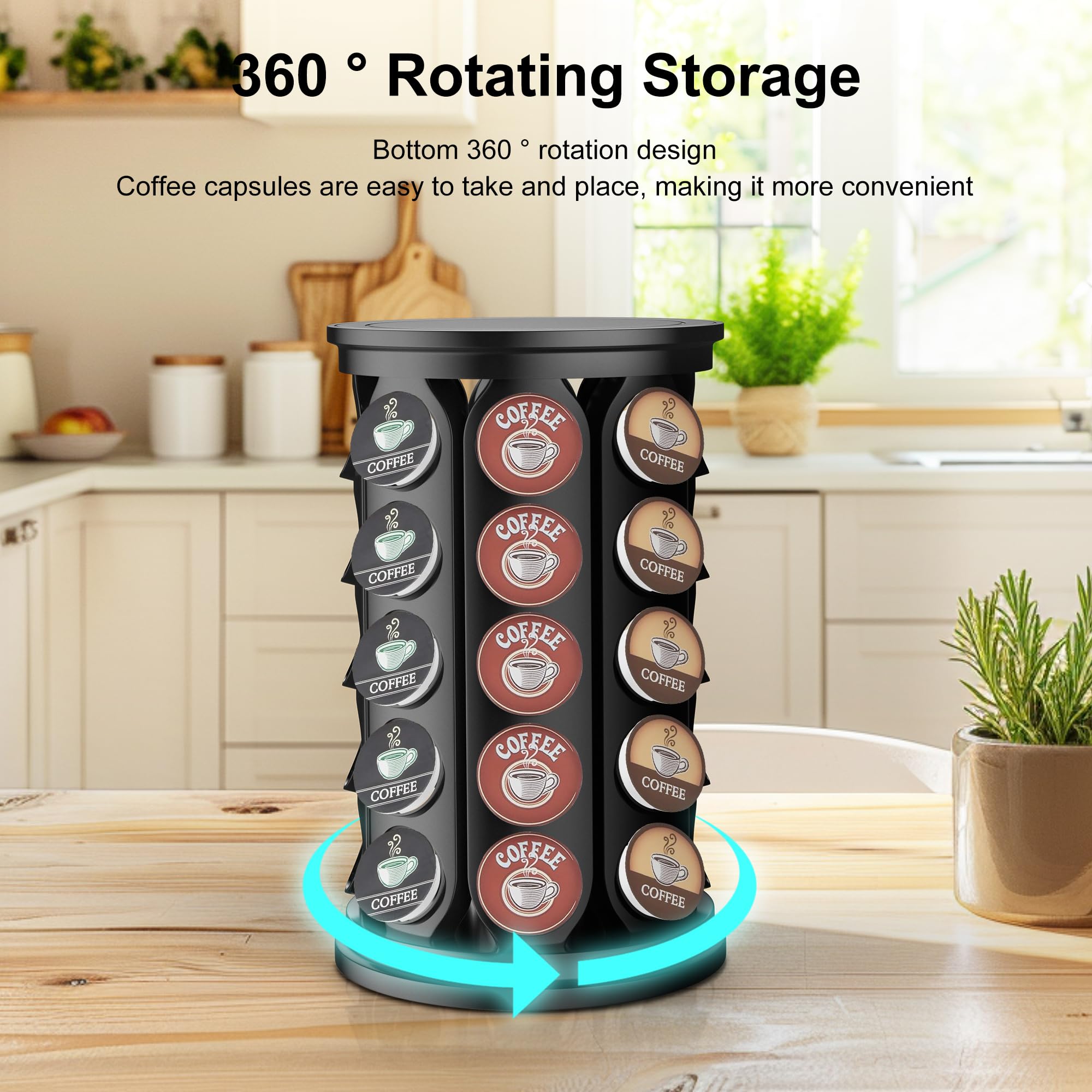 TeSabMi K-Cup Pod Carousel Holder, 40-Count Rotating Coffee Pod Organizer, Black Countertop Storage Stand