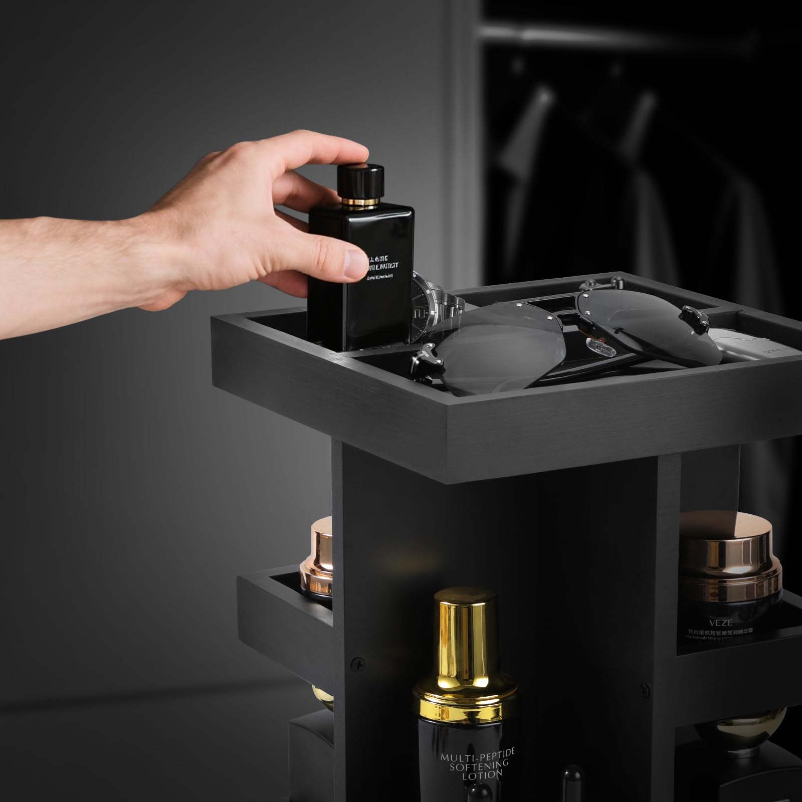 TeSabMi 3 Tier Rotating Cologne Organizer for Men, Black Wood Perfume Display Stand, Dresser and Nightstand Organizer, Fathers Day Gift for Dad