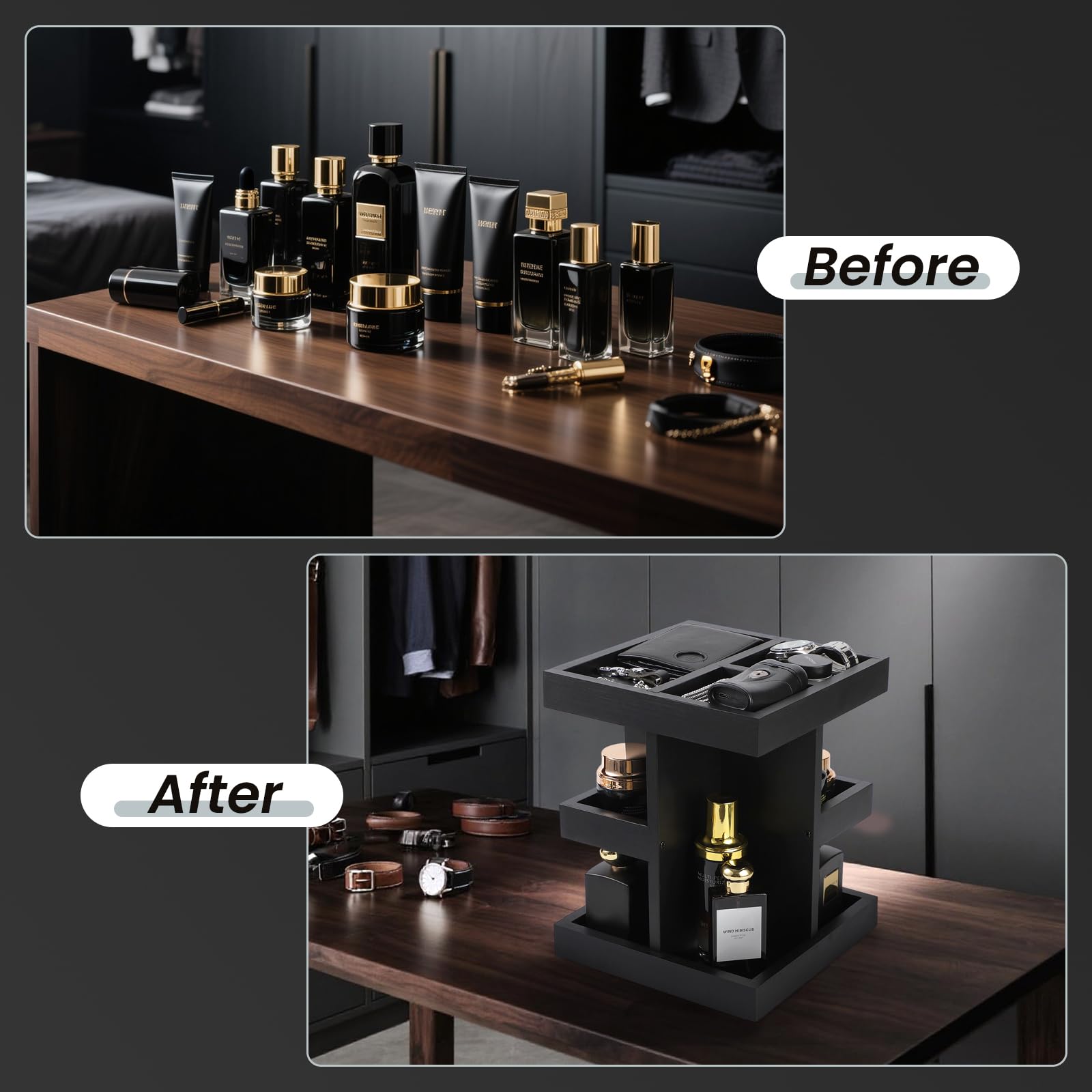 TeSabMi 3 Tier Rotating Cologne Organizer for Men, Black Wood Perfume Display Stand, Dresser and Nightstand Organizer, Fathers Day Gift for Dad