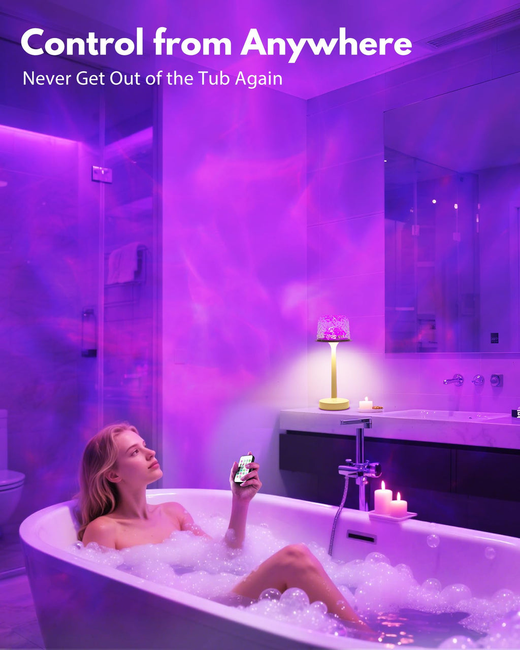 TeSabMi Waterproof Shower Light, 16-Color Ocean Wave Projector, Rechargeable Cordless Bathroom Lamp with Touch and Remote Control, Beige