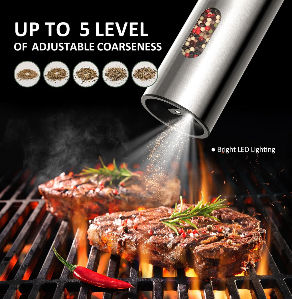 TeSabMi Electric Salt and Pepper Grinder Set, Rechargeable USB-C Charging Base, LED Light, Silver