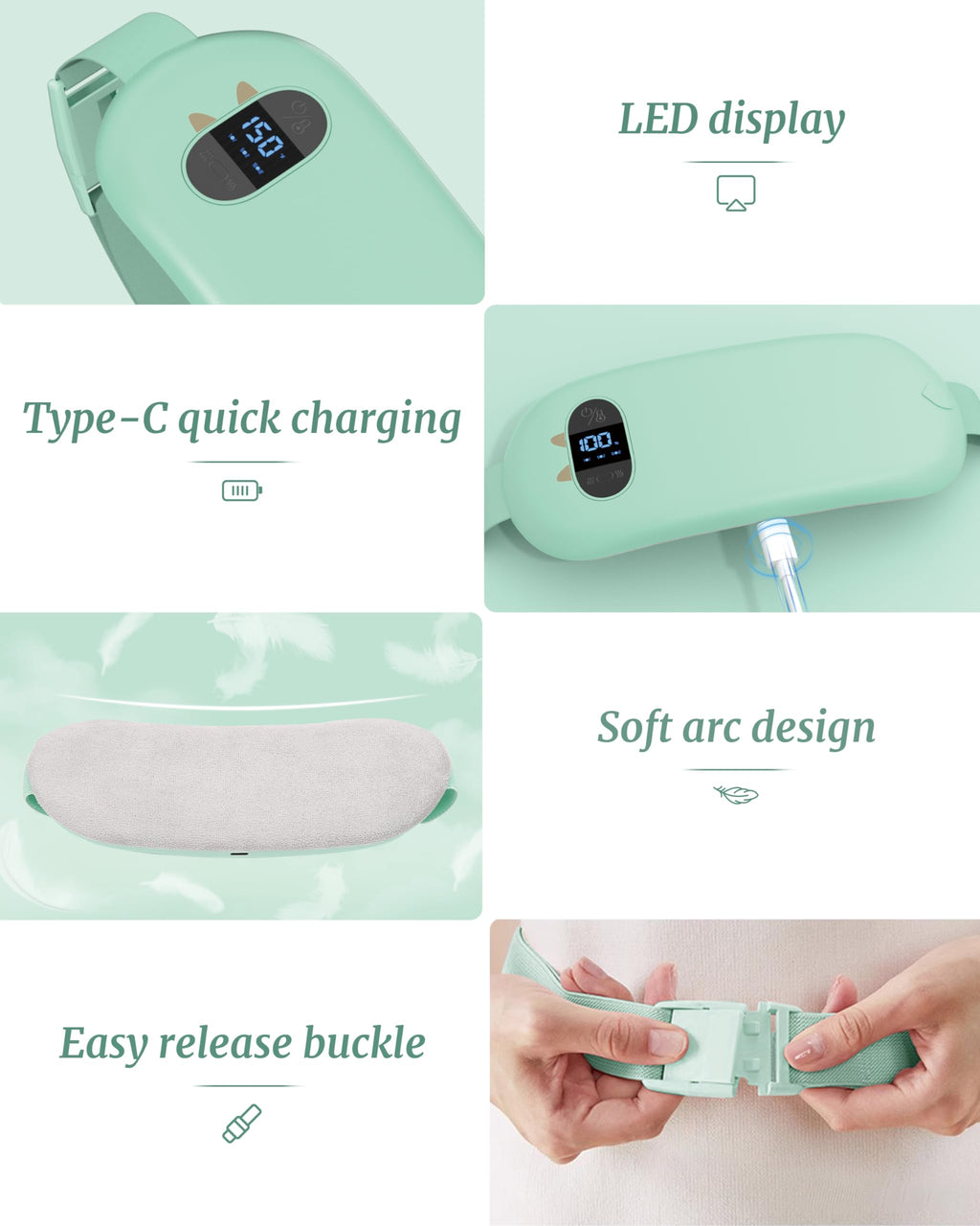 TeSabMi Cordless Heating Pad for Period Cramps, Portable Menstrual Heating Belt with 6 Heat Levels, 6 Vibration Modes, Gift for Women Her Green