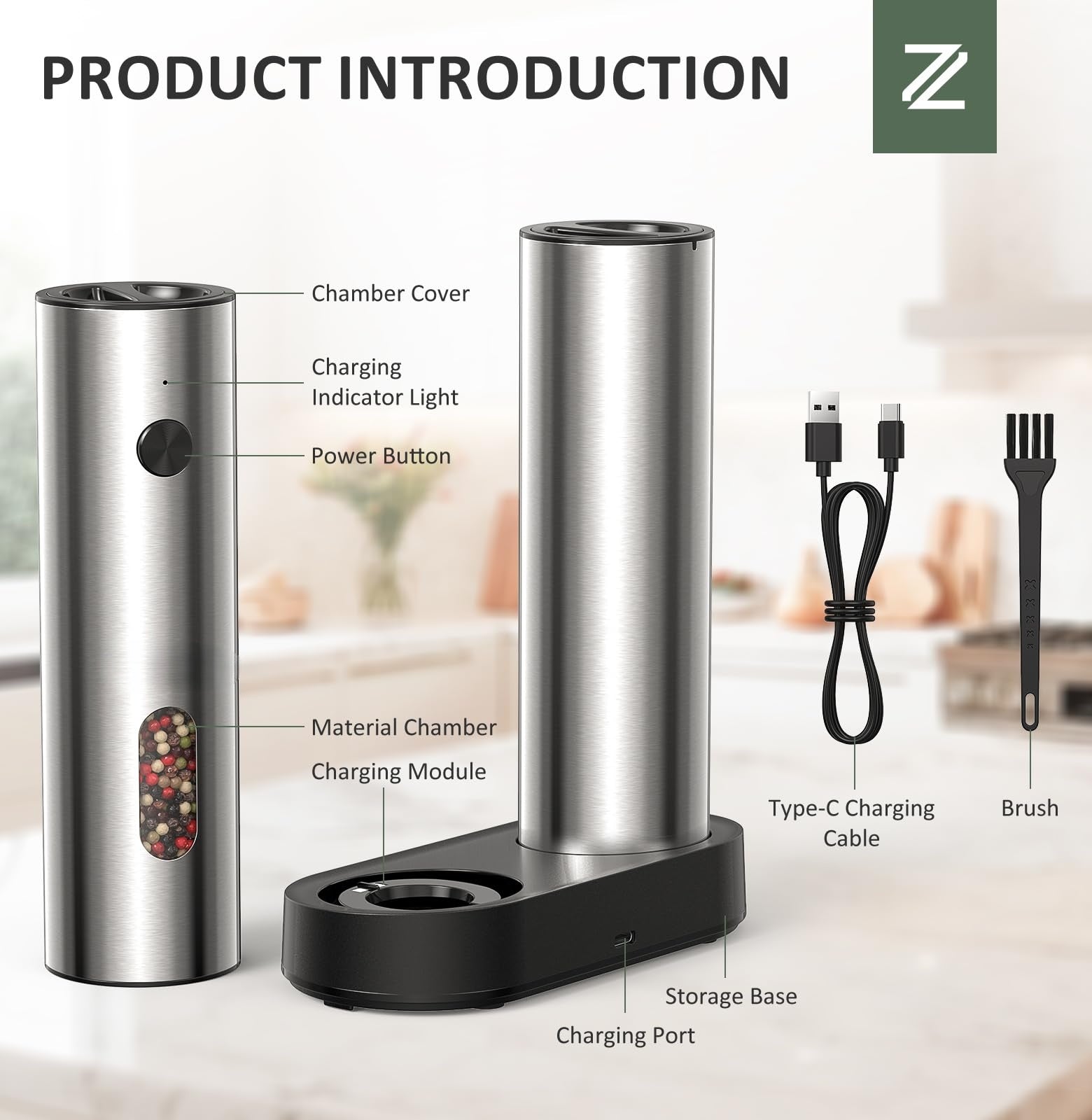 TeSabMi Electric Salt and Pepper Grinder Set, Rechargeable USB-C Charging Base, LED Light, Silver