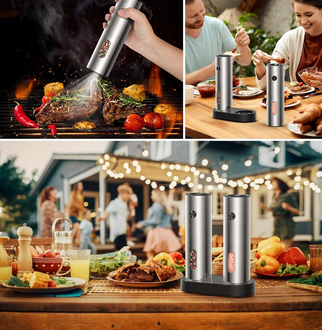 TeSabMi Electric Salt and Pepper Grinder Set, Rechargeable USB-C Charging Base, LED Light, Silver